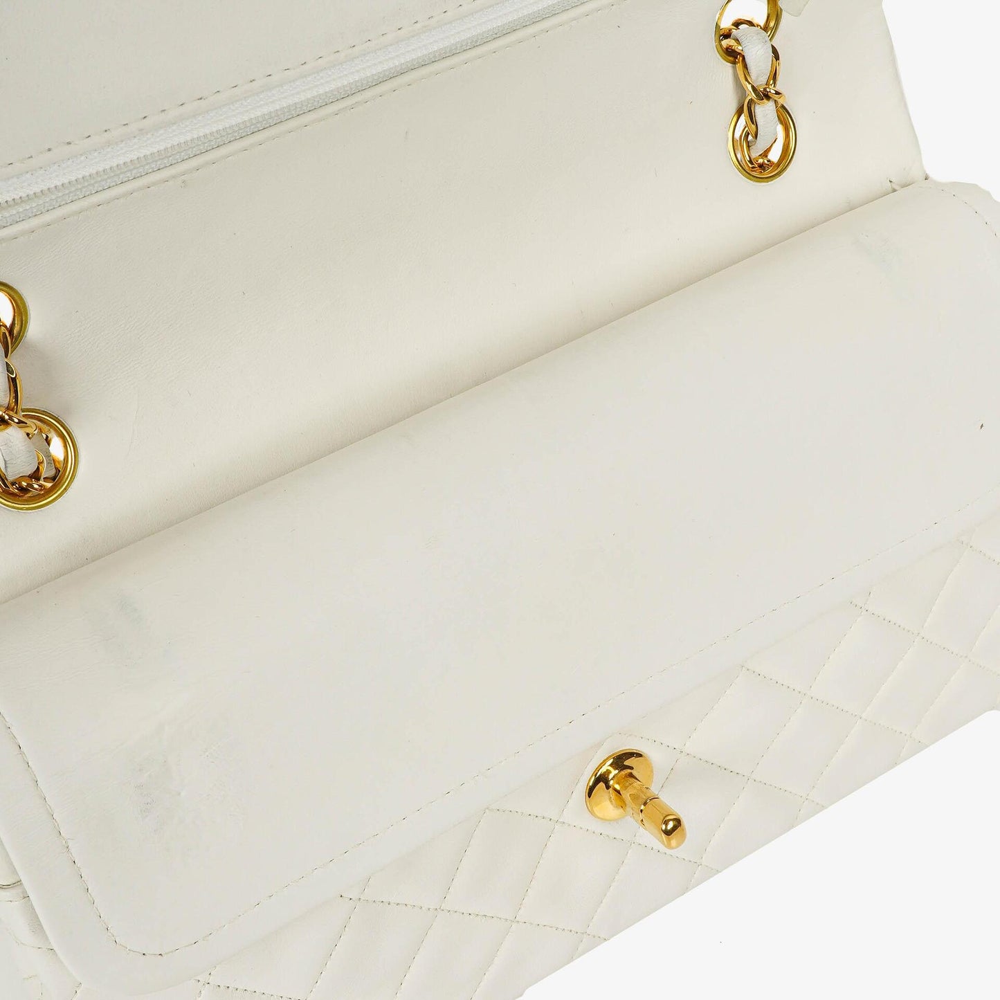 Chanel mittelgroße Classic Vintage Double Flap Tasche aus weißem gestepptem Lammleder mit 24K vergoldeter Hardware