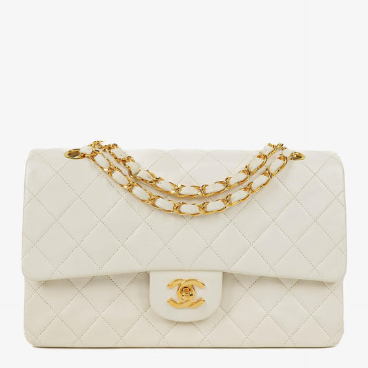 Chanel Medium Classic Vintage Double Flap Tasche aus weißem gestepptem Lammleder mit 24K vergoldeten Beschlägen
