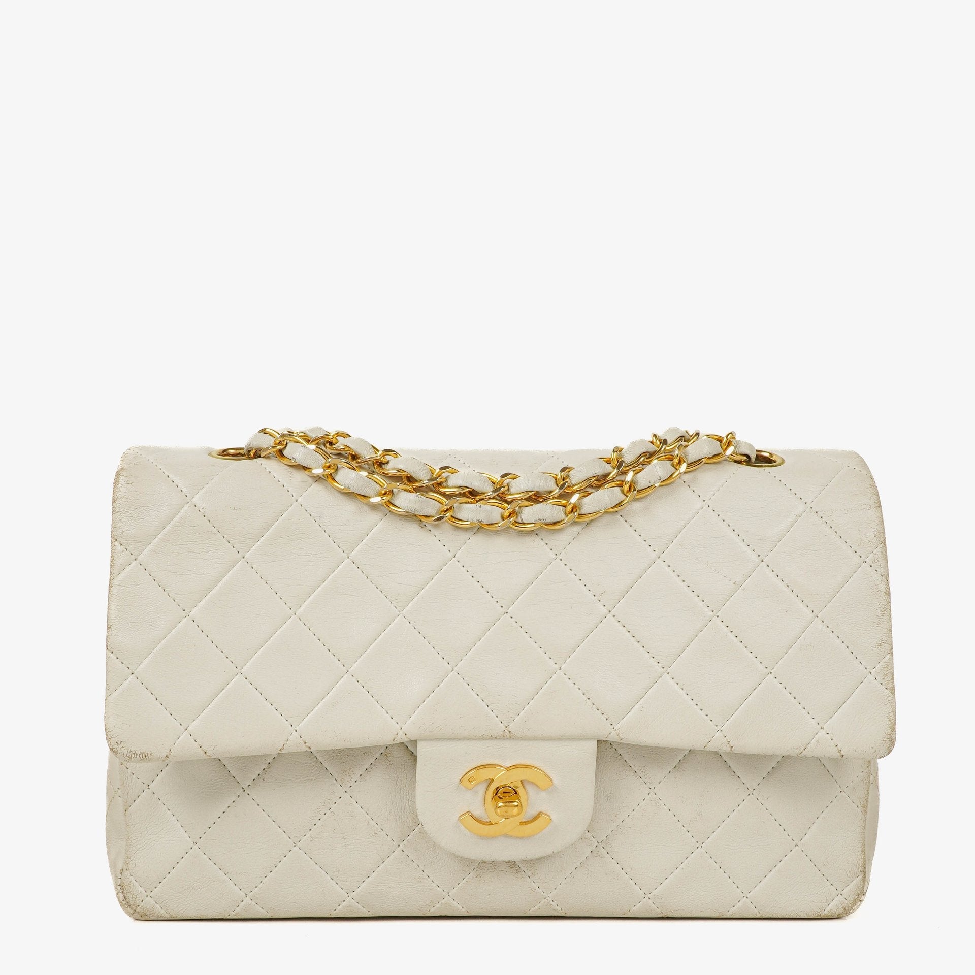 Chanel Mittelgroße Classic Vintage Double Flap Tasche aus gestepptem Lammleder in Weiß mit 24K vergoldeten Beschlägen