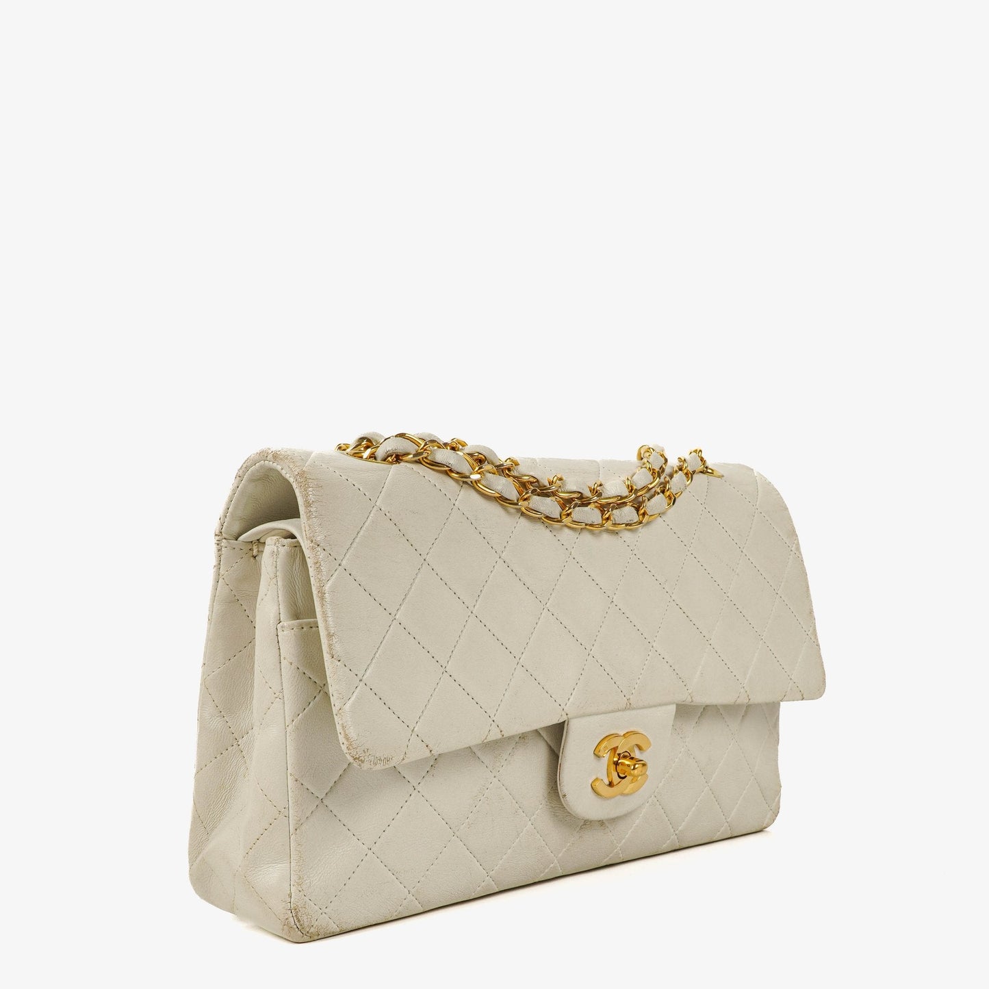 Chanel Mittelgroße Classic Vintage Double Flap Tasche aus gestepptem Lammleder in Weiß mit 24K vergoldeten Beschlägen