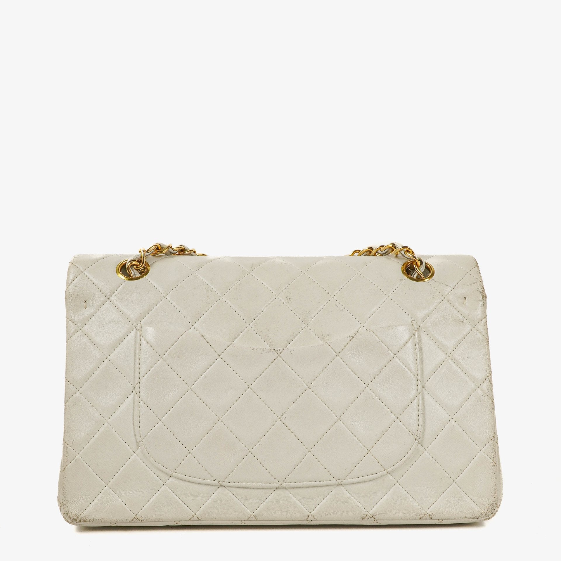 Chanel Mittelgroße Classic Vintage Double Flap Tasche aus gestepptem Lammleder in Weiß mit 24K vergoldeten Beschlägen