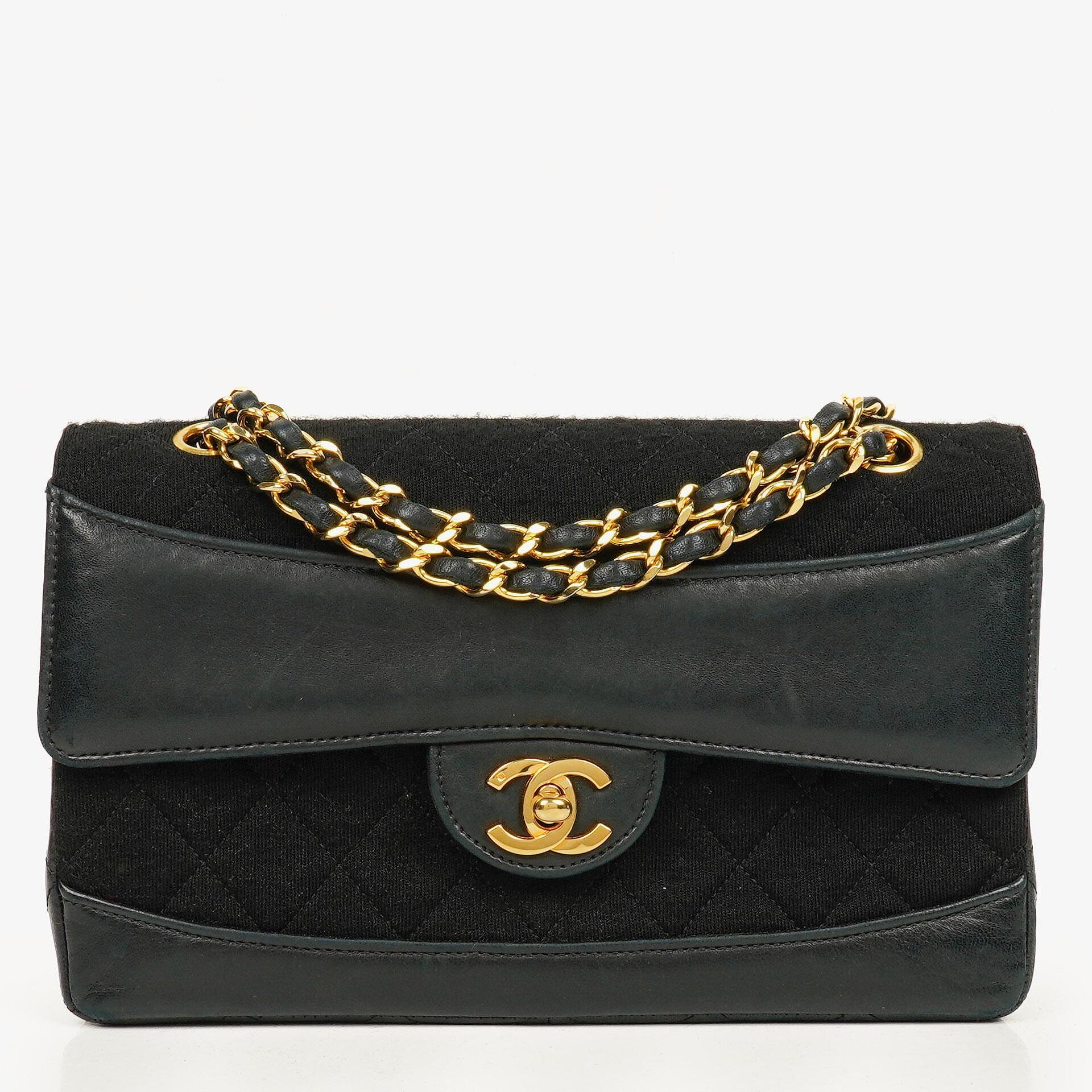 Chanel Medium Classic Vintage Single Flap Tasche aus gestepptem Lammleder und Jersey mit 24K vergoldeten Beschlägen