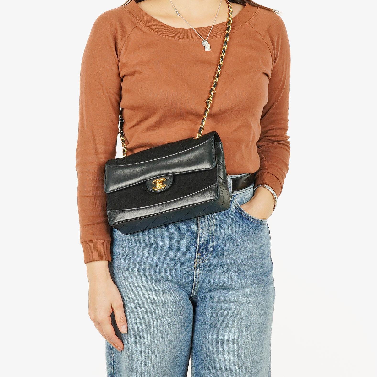 Chanel Medium Classic Vintage Single Flap Tasche aus gestepptem Lammleder und Jersey mit 24K vergoldeten Beschlägen