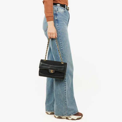 Chanel Medium Classic Vintage Single Flap Tasche aus gestepptem Lammleder und Jersey mit 24K vergoldeten Beschlägen