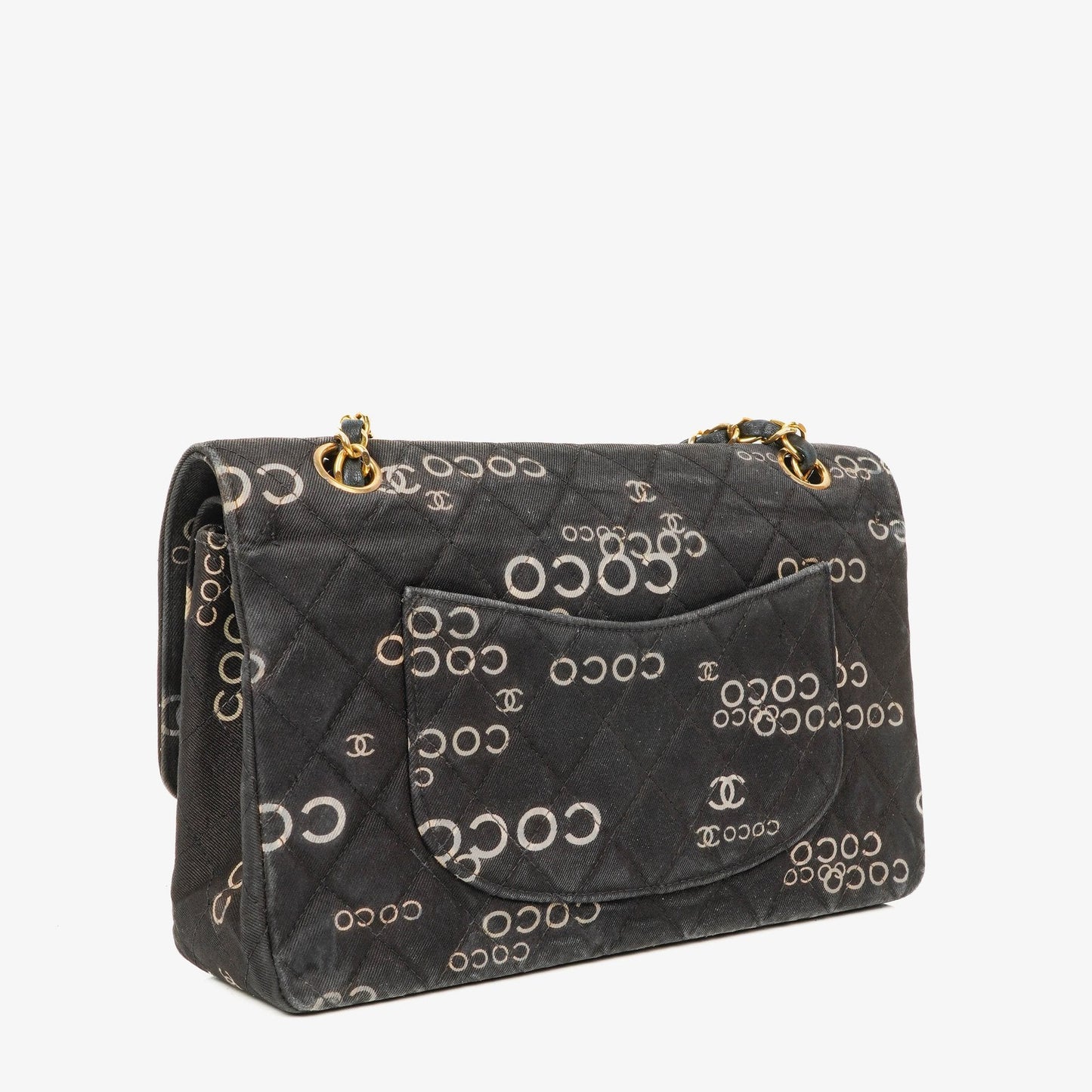 Chanel Coco Medium Double Flap Tasche aus gestepptem bedrucktem Canvas in Schwarz und Weiß