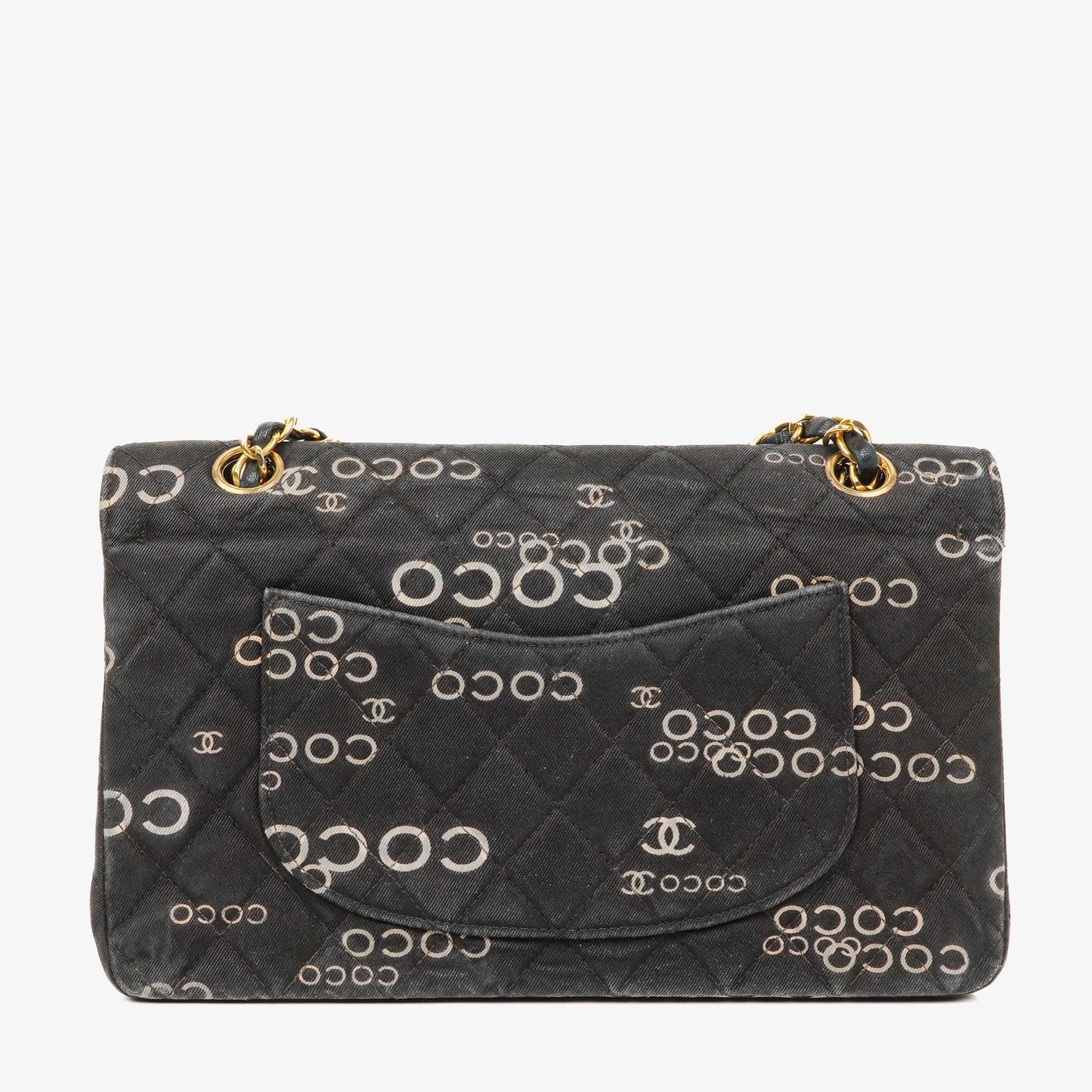 Chanel Coco Medium Double Flap Tasche aus gestepptem bedrucktem Canvas in Schwarz und Weiß