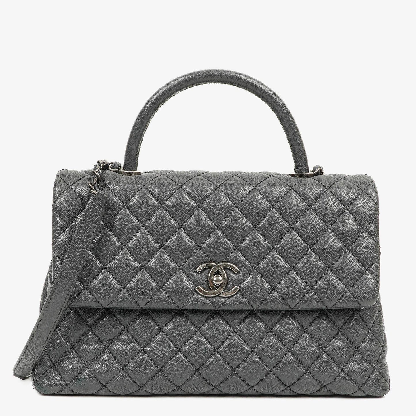 Chanel Medium Coco Handle Henkeltasche aus grauem gestepptem Caviar Leder