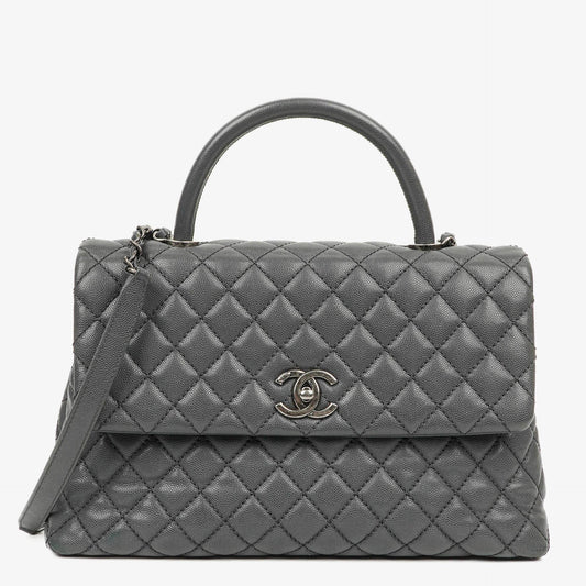 Chanel Medium Coco Handle Henkeltasche aus grauem gestepptem Caviar Leder