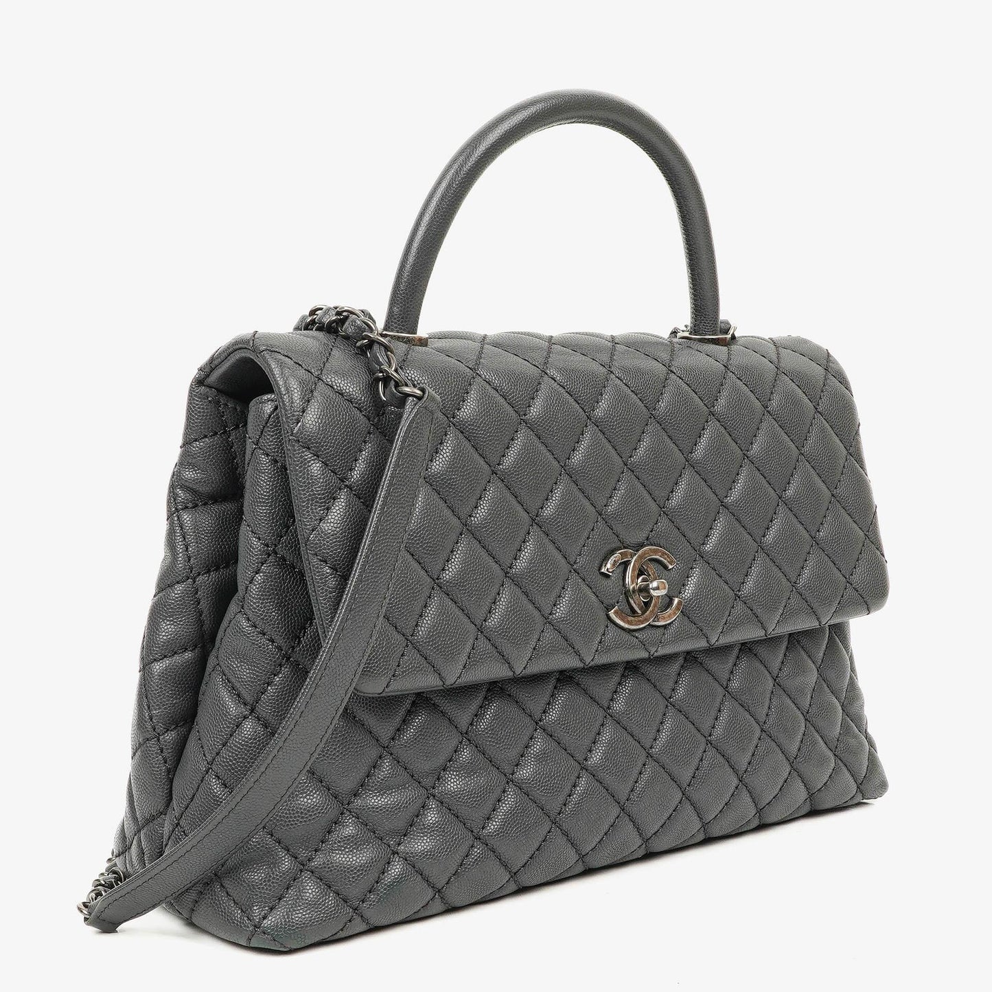 Chanel Medium Coco Handle Henkeltasche aus grauem gestepptem Caviar Leder