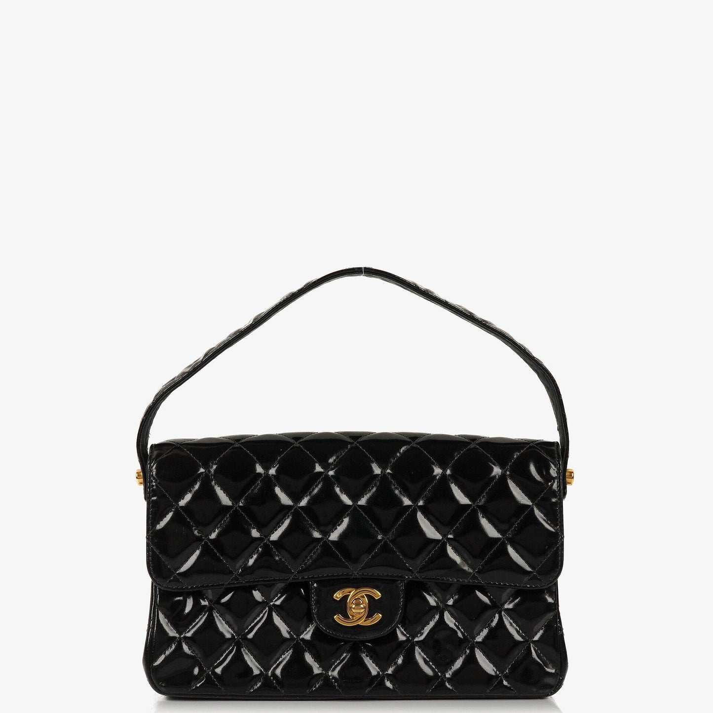 Chanel Mittelgroße Doppelseitige Klappentasche Schwarz Stepp Lackleder 24K Vergoldete Beschläge