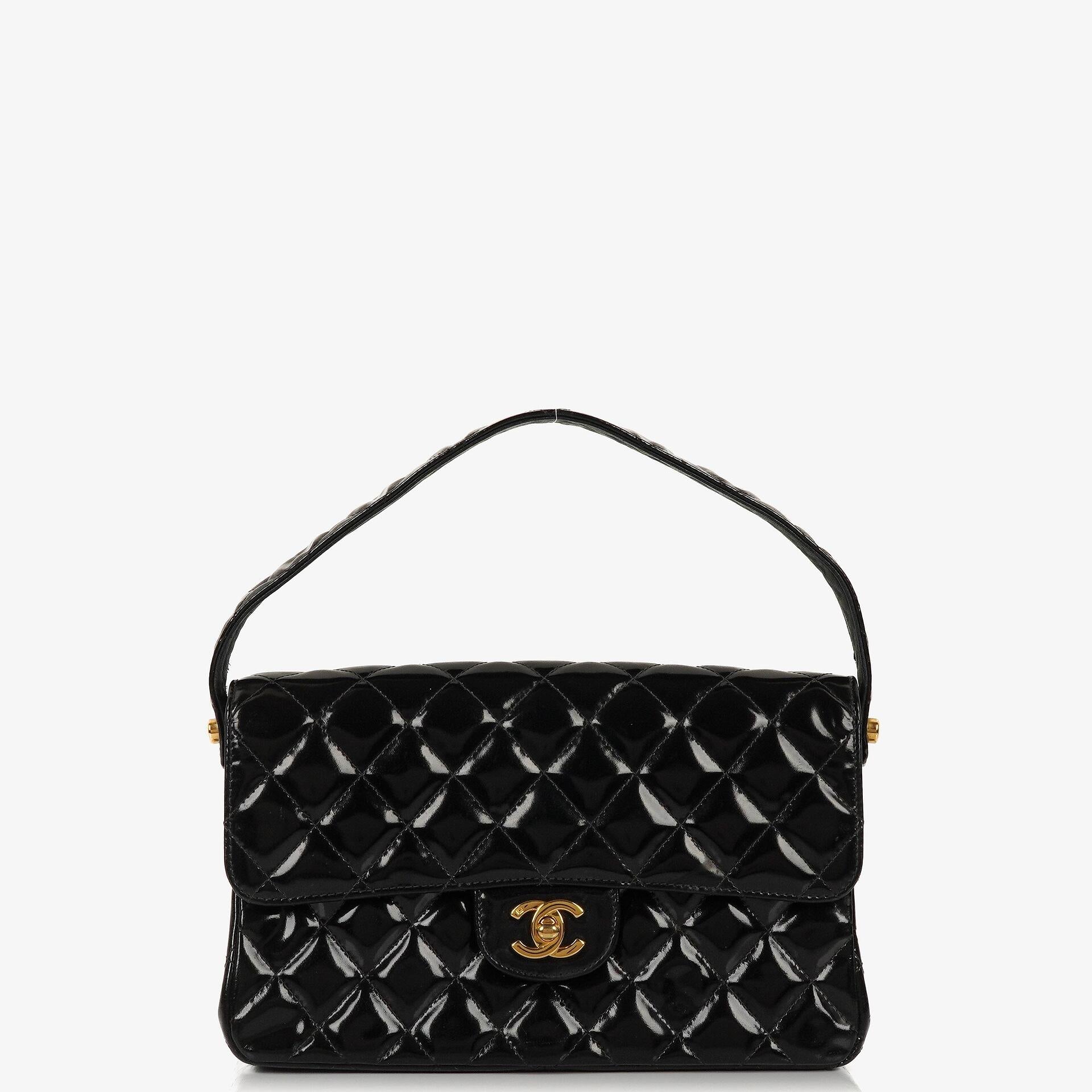 Chanel Mittelgroße Doppelseitige Klappentasche Schwarz Stepp Lackleder 24K Vergoldete Beschläge