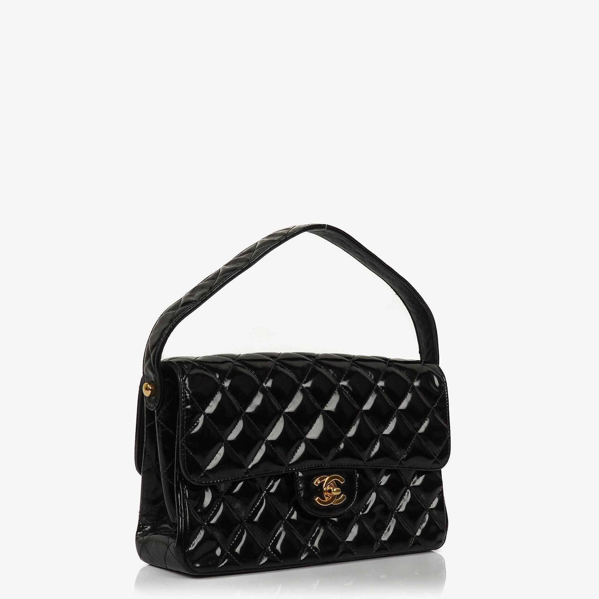 Chanel Mittelgroße Doppelseitige Klappentasche Schwarz Stepp Lackleder 24K Vergoldete Beschläge