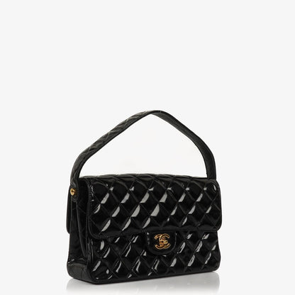 Chanel Mittelgroße Doppelseitige Klappentasche Schwarz Stepp Lackleder 24K Vergoldete Beschläge