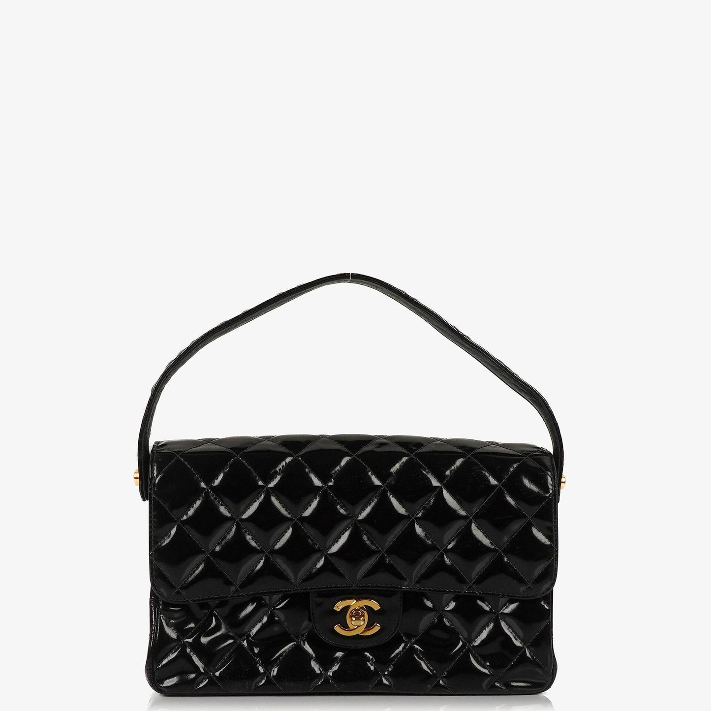 Chanel Mittelgroße Doppelseitige Klappentasche Schwarz Stepp Lackleder 24K Vergoldete Beschläge