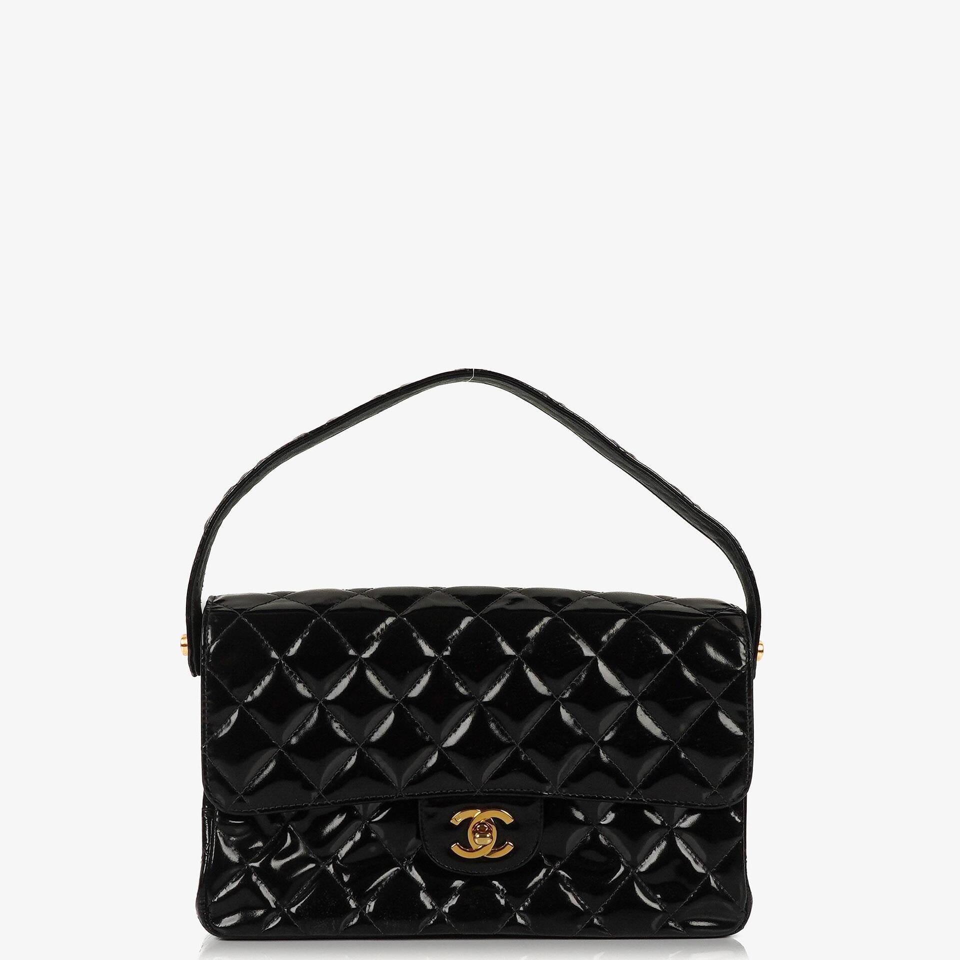 Chanel Mittelgroße Doppelseitige Klappentasche Schwarz Stepp Lackleder 24K Vergoldete Beschläge