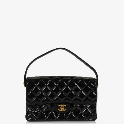 Chanel Mittelgroße Doppelseitige Klappentasche Schwarz Stepp Lackleder 24K Vergoldete Beschläge