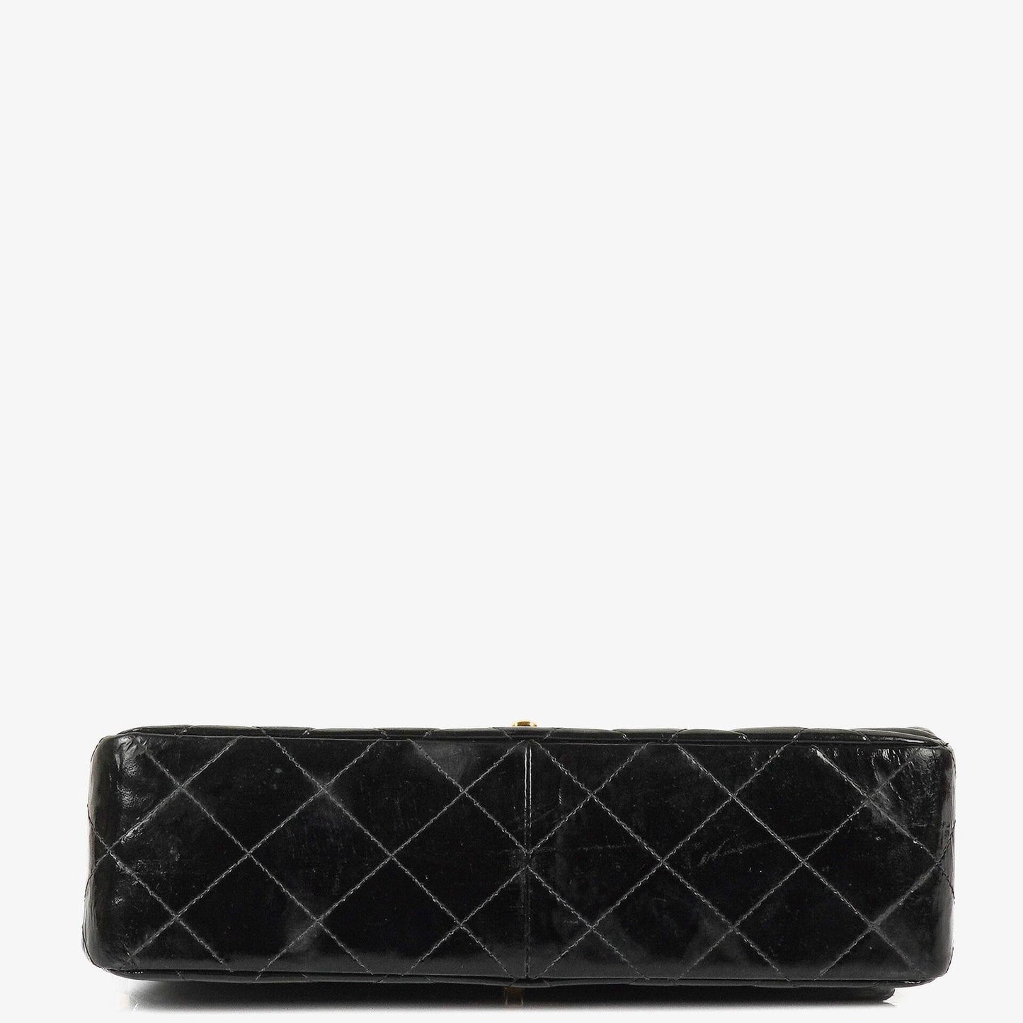 Chanel Mittelgroße Doppelseitige Klappentasche Schwarz Stepp Lackleder 24K Vergoldete Beschläge