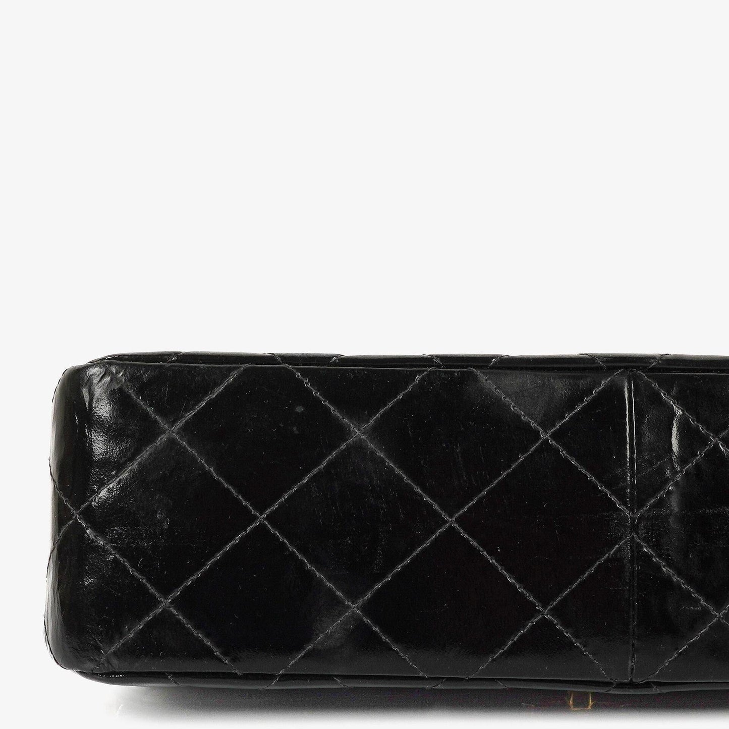 Chanel Mittelgroße Doppelseitige Klappentasche Schwarz Stepp Lackleder 24K Vergoldete Beschläge