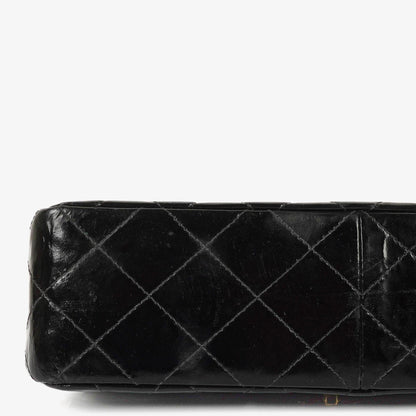 Chanel Mittelgroße Doppelseitige Klappentasche Schwarz Stepp Lackleder 24K Vergoldete Beschläge