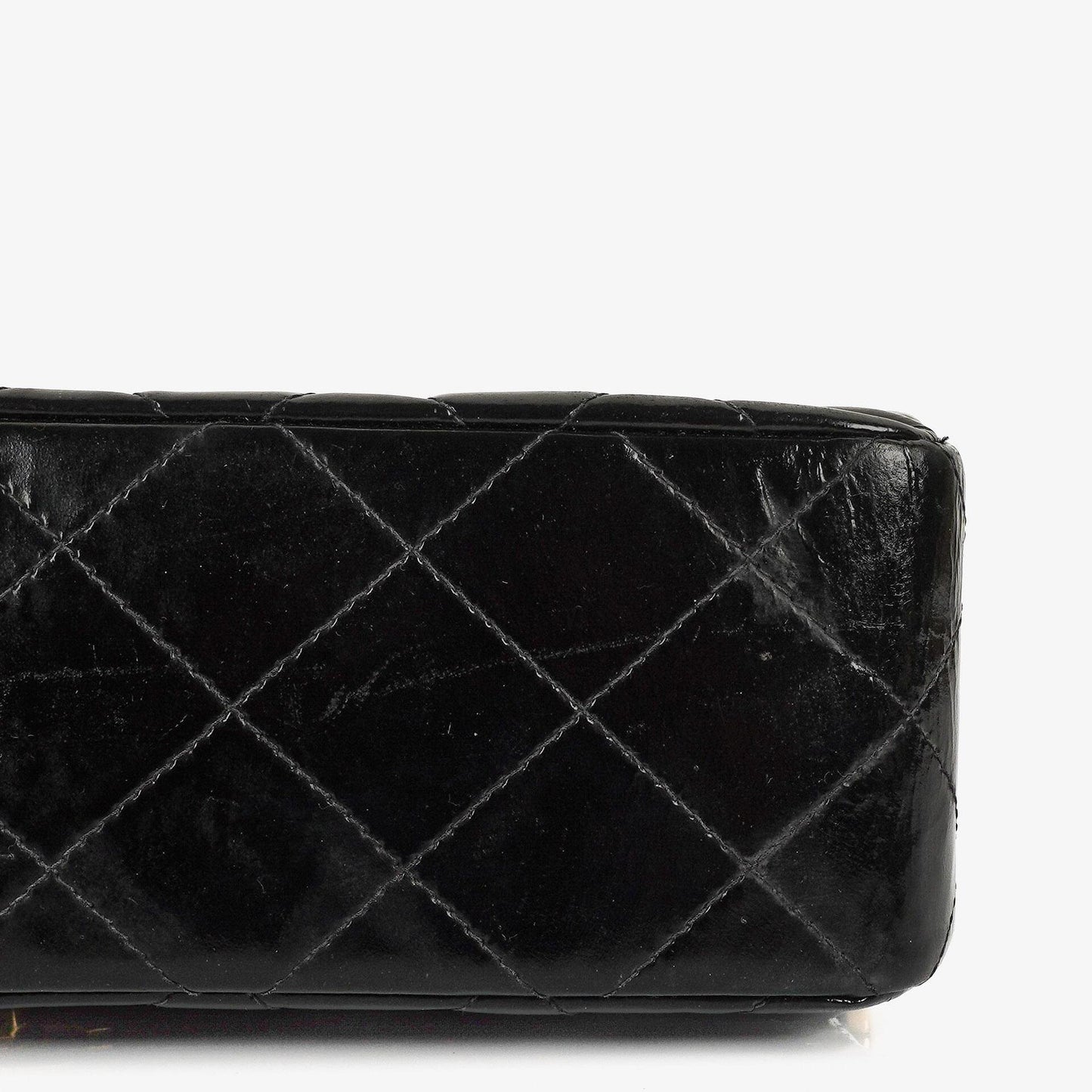 Chanel Mittelgroße Doppelseitige Klappentasche Schwarz Stepp Lackleder 24K Vergoldete Beschläge