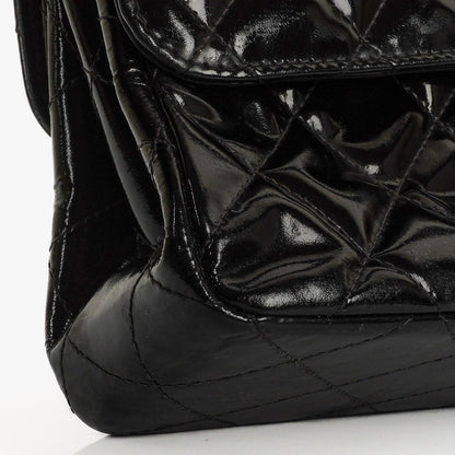 Chanel Mittelgroße Doppelseitige Klappentasche Schwarz Stepp Lackleder 24K Vergoldete Beschläge