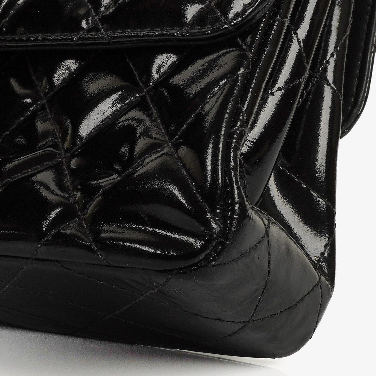 Chanel Mittelgroße Doppelseitige Klappentasche Schwarz Stepp Lackleder 24K Vergoldete Beschläge