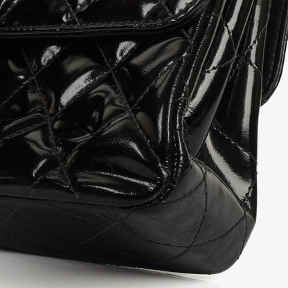 Chanel Mittelgroße Doppelseitige Klappentasche Schwarz Stepp Lackleder 24K Vergoldete Beschläge