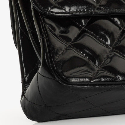 Chanel Mittelgroße Doppelseitige Klappentasche Schwarz Stepp Lackleder 24K Vergoldete Beschläge