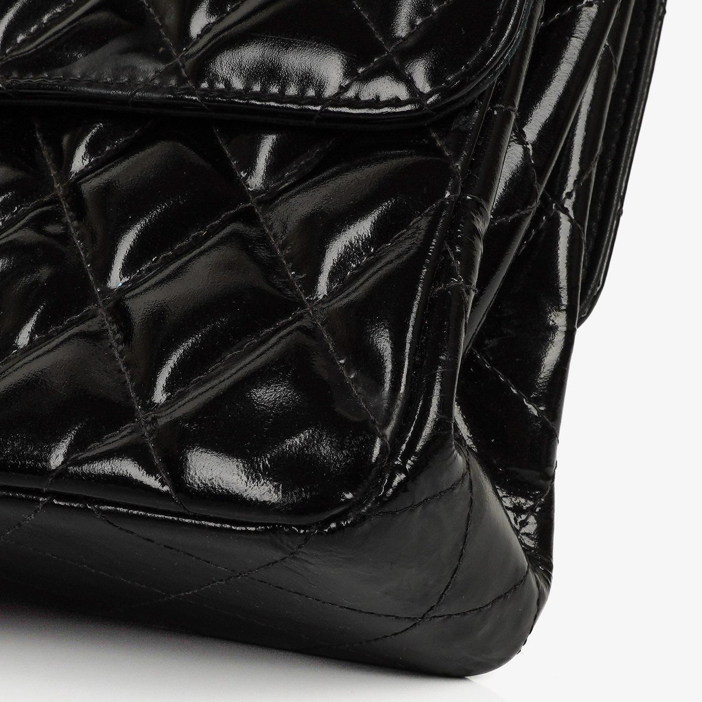 Chanel Mittelgroße Doppelseitige Klappentasche Schwarz Stepp Lackleder 24K Vergoldete Beschläge