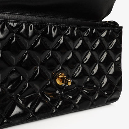 Chanel Mittelgroße Doppelseitige Klappentasche Schwarz Stepp Lackleder 24K Vergoldete Beschläge