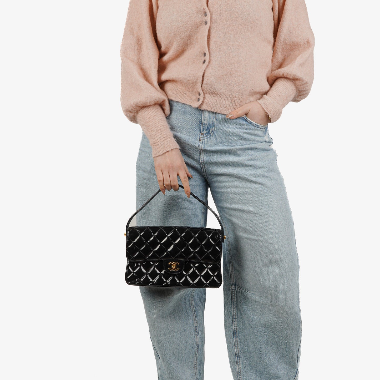 Chanel Mittelgroße Doppelseitige Klappentasche Schwarz Stepp Lackleder 24K Vergoldete Beschläge