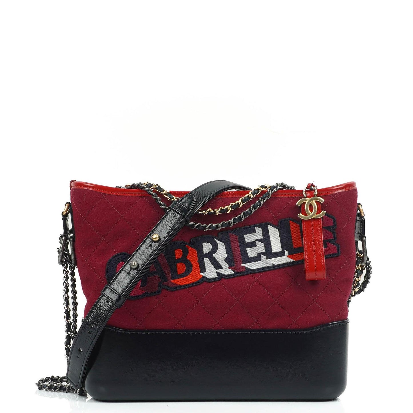 Chanel Medium Gabrielle Hobo Tasche aus bordeauxrotem gestepptem Filz und navyfarbenem Kalbsleder mit goldfarbenen, silberfarbenen und aged-silver Beschlägen