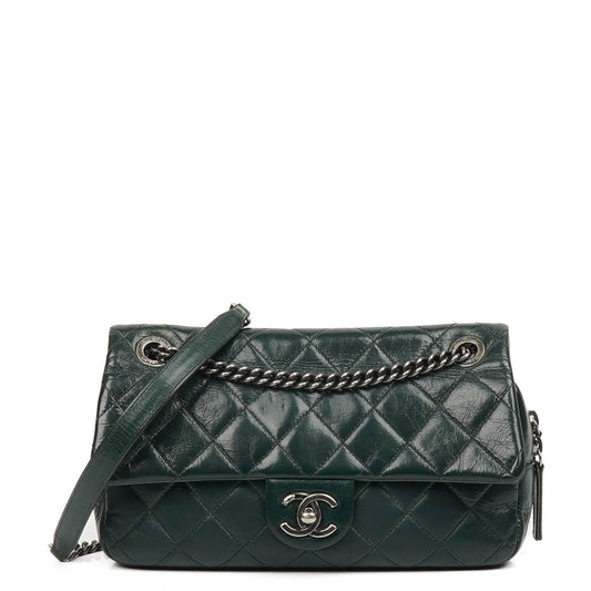 Chanel Medium Single Flap Bag Due Farbe Grün Gequiltetes Glänzendes Kalbsleder Ruthenium-Beschläge