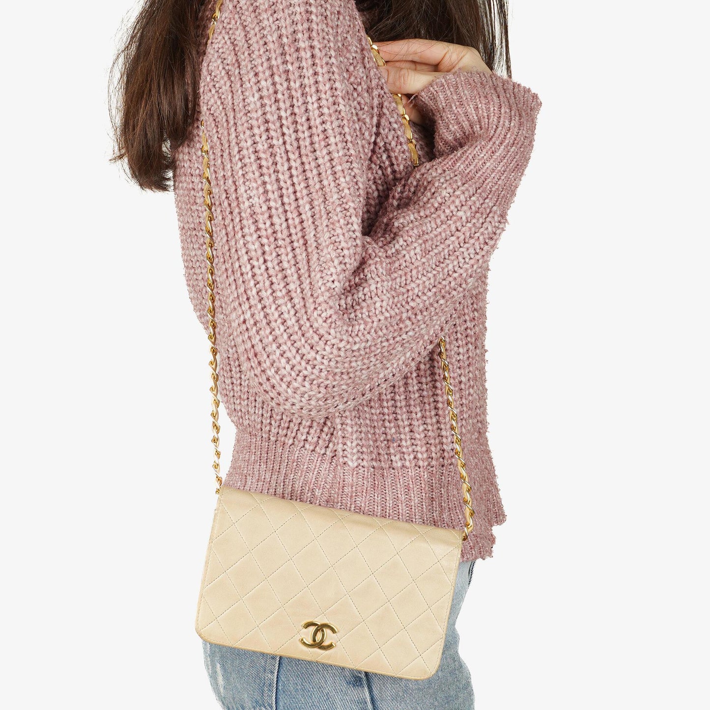 Chanel Mini Classic Beige Gepolstertes Lammleder Geldbörse mit Vollklappe und Kette WOC mit 24K vergoldeter Hardware