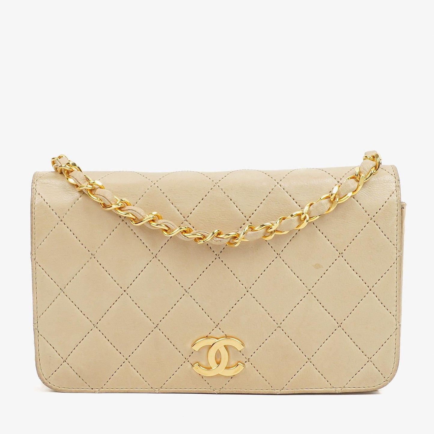 Chanel Mini Classic Beige Gequiltetes Lammleder Geldbörse mit Vollklappe und Kette WOC mit 24K vergoldeter Hardware