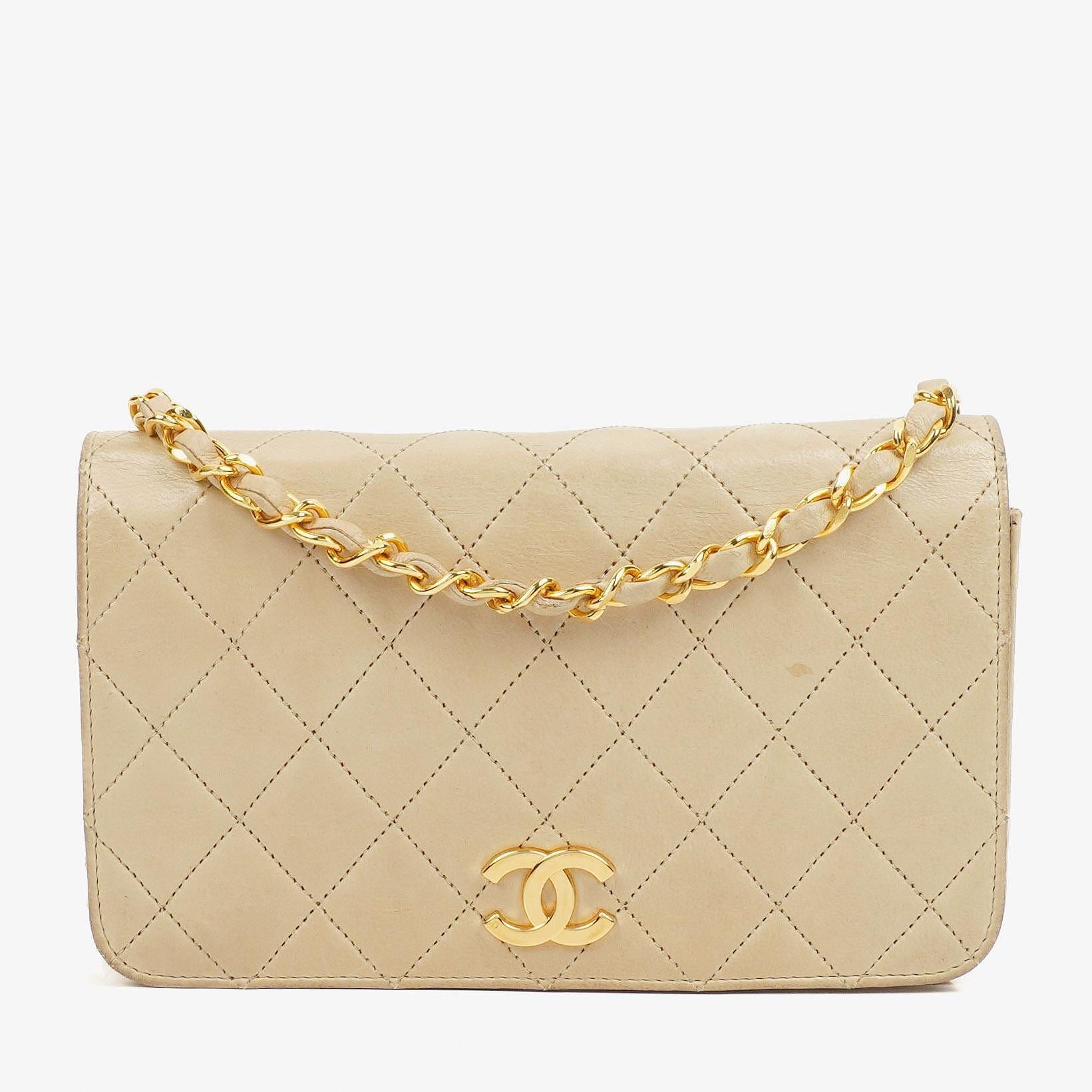 Chanel Mini Classic Beige Gequiltetes Lammleder Geldbörse mit Vollklappe und Kette WOC mit 24K vergoldeter Hardware
