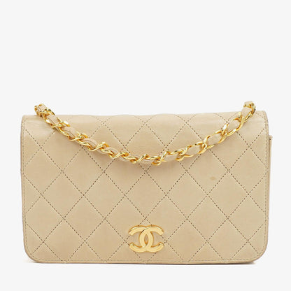 Chanel Mini Classic Beige Gequiltetes Lammleder Geldbörse mit Vollklappe und Kette WOC mit 24K vergoldeter Hardware
