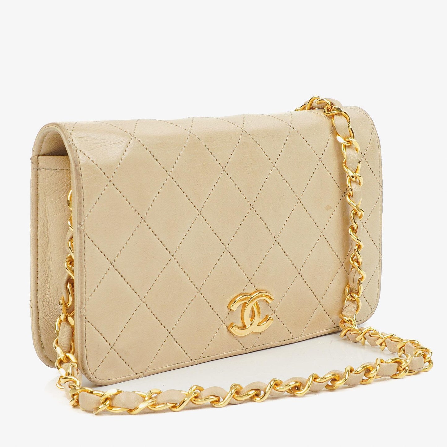 Chanel Mini Classic Beige Gequiltetes Lammleder Geldbörse mit Vollklappe und Kette WOC mit 24K vergoldeter Hardware