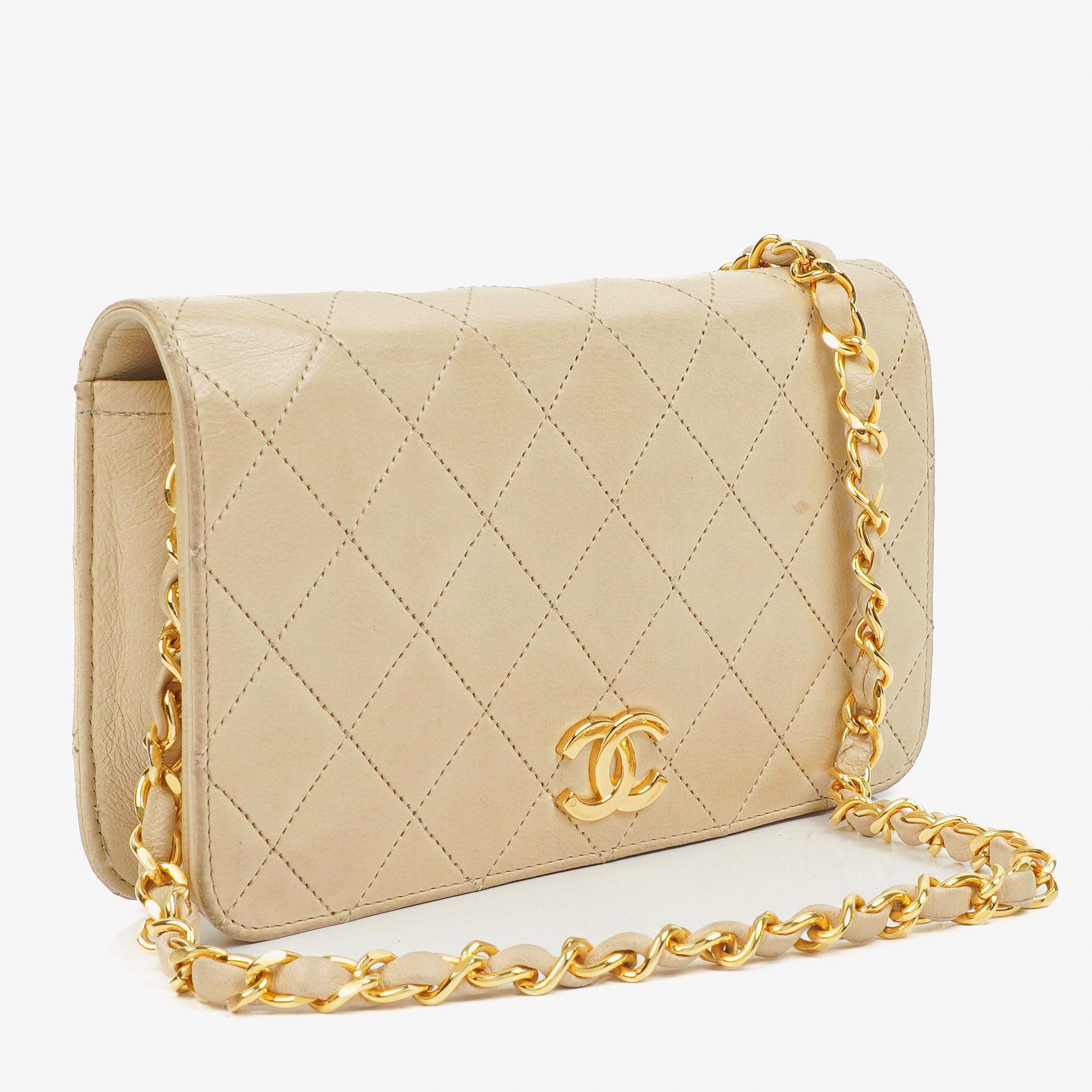 Chanel Mini Classic Beige Gequiltetes Lammleder Geldbörse mit Vollklappe und Kette WOC mit 24K vergoldeter Hardware