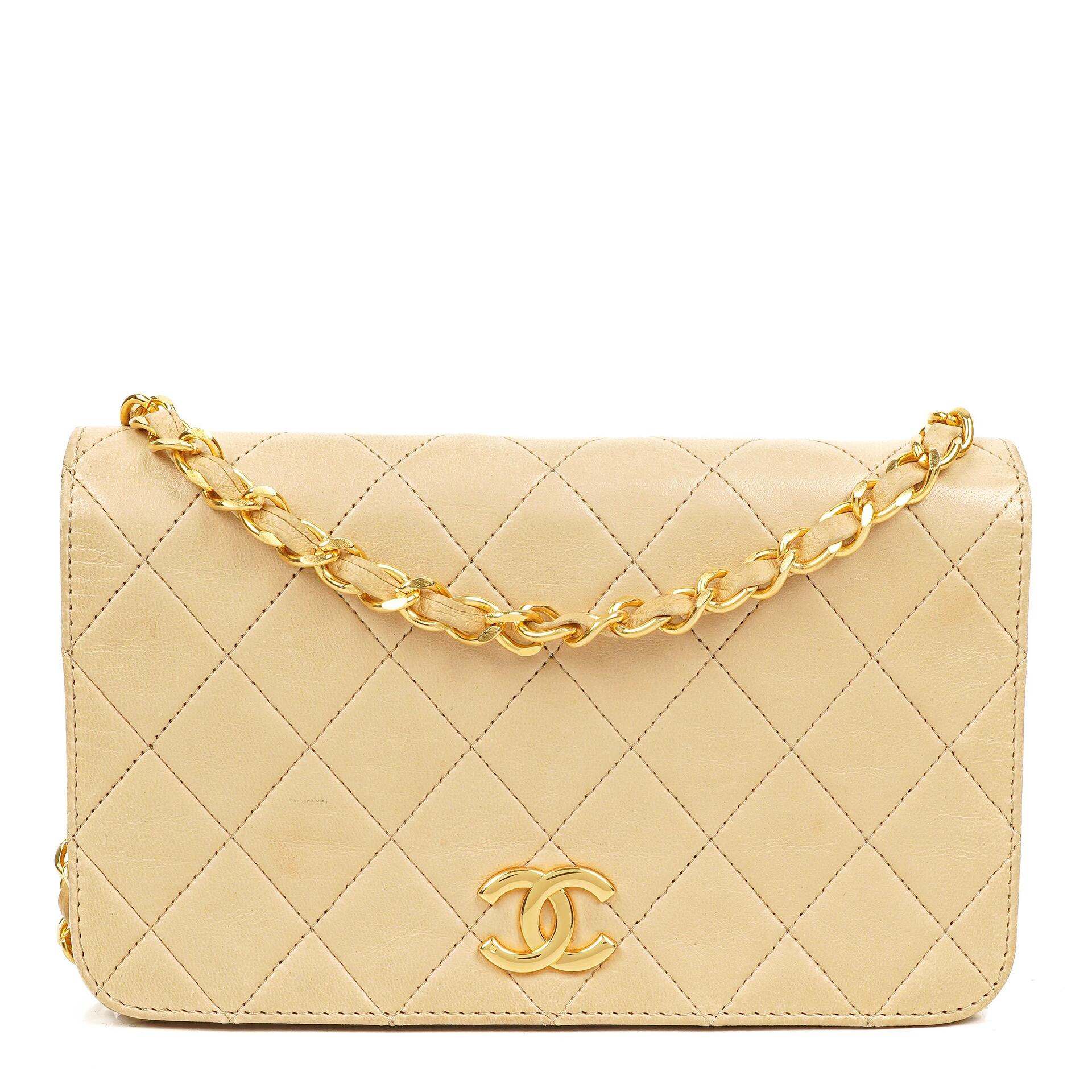 Chanel Mini Classic WOC Full Flap Geldbörse mit Kette aus beigem gestepptem Lammleder mit 24K vergoldeter Hardware