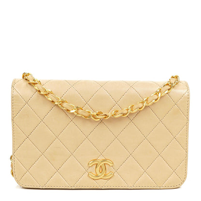 Chanel Mini Classic WOC Full Flap Geldbörse mit Kette aus beigem gestepptem Lammleder mit 24K vergoldeter Hardware