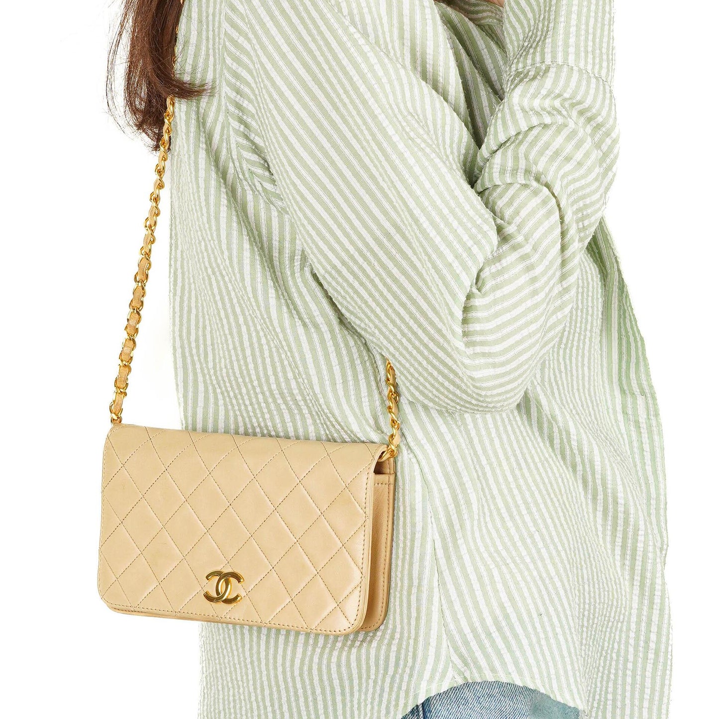Chanel Mini Classic WOC Full Flap Geldbörse mit Kette aus beigem gestepptem Lammleder mit 24K vergoldeter Hardware