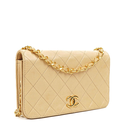 Chanel Mini Classic WOC Full Flap Geldbörse mit Kette aus beigem gestepptem Lammleder mit 24K vergoldeter Hardware