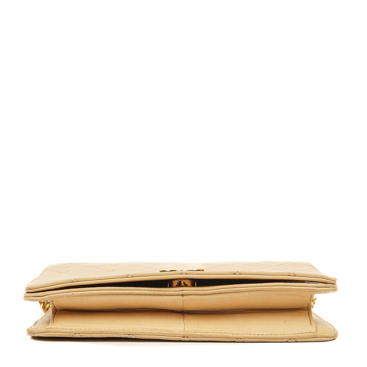 Chanel Mini Classic WOC Full Flap Geldbörse mit Kette aus beigem gestepptem Lammleder mit 24K vergoldeter Hardware