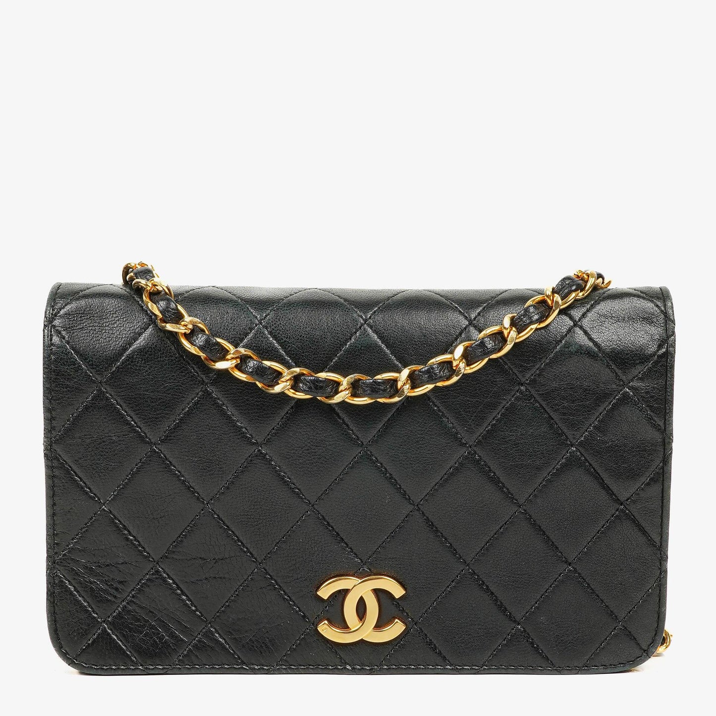 Chanel Mini Classic Full Flap Wallet on Chain aus schwarzem gestepptem Lammleder mit 24K vergoldeter Hardware