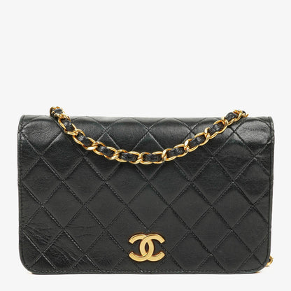 Chanel Mini Classic Full Flap Wallet on Chain aus schwarzem gestepptem Lammleder mit 24K vergoldeter Hardware