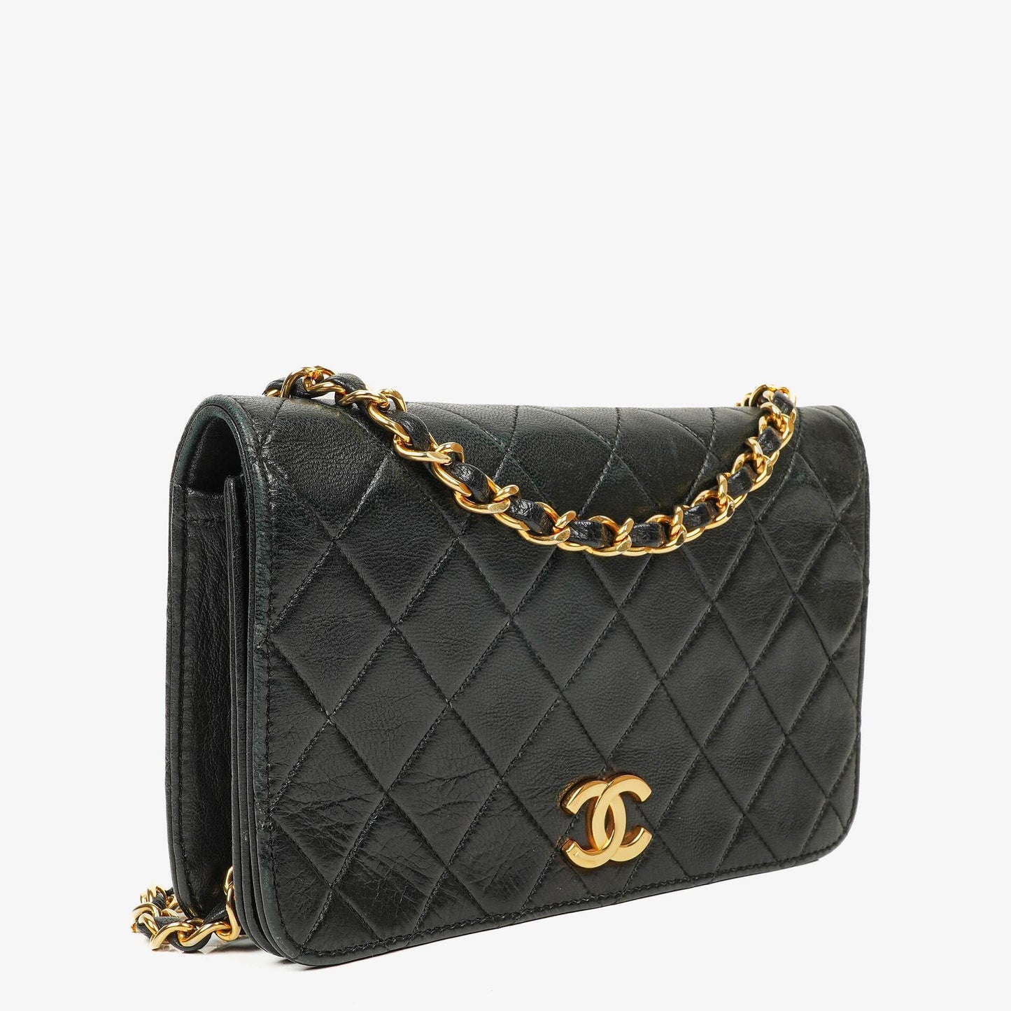 Chanel Mini Classic Full Flap Wallet on Chain aus schwarzem gestepptem Lammleder mit 24K vergoldeter Hardware