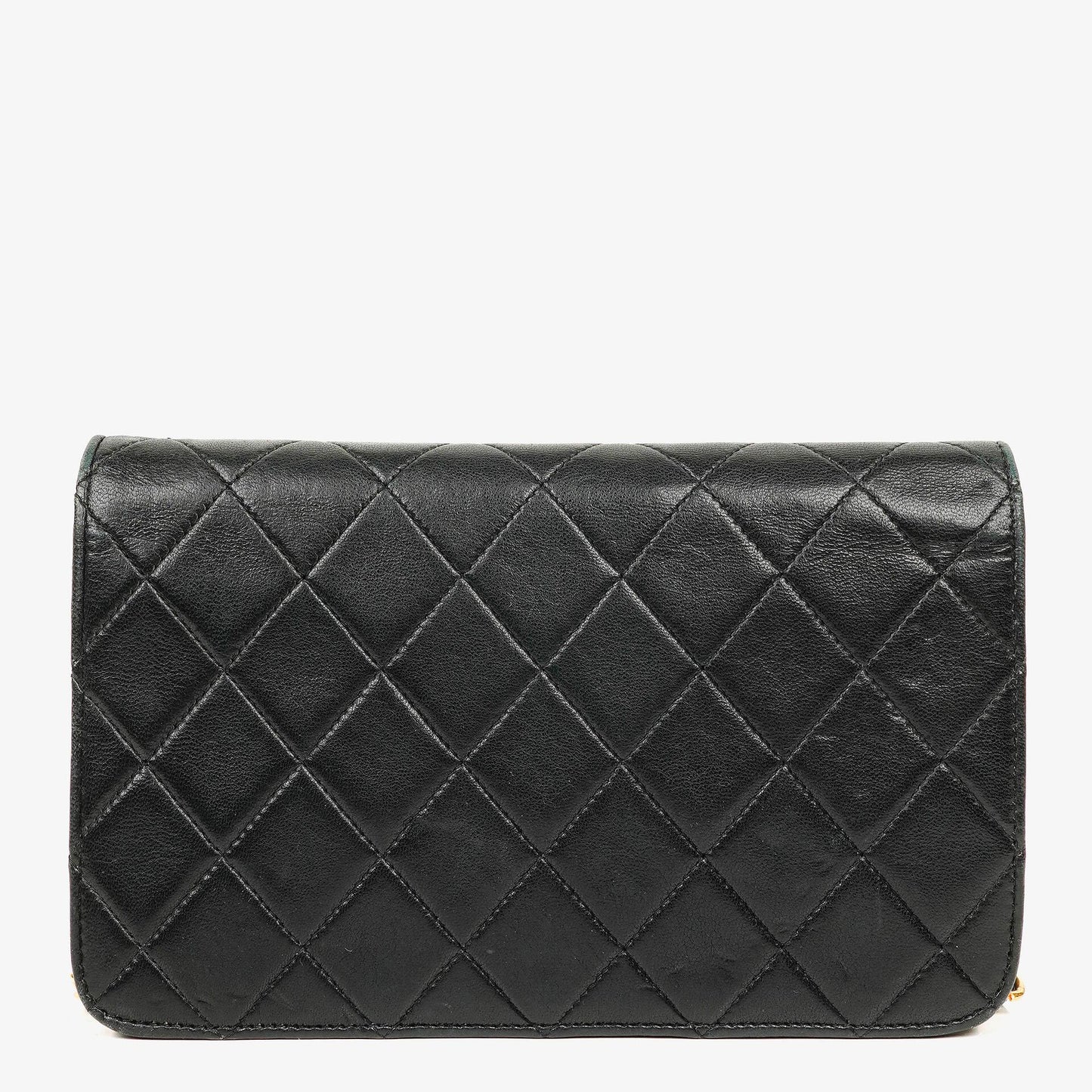 Chanel Mini Classic Full Flap Wallet on Chain aus schwarzem gestepptem Lammleder mit 24K vergoldeter Hardware