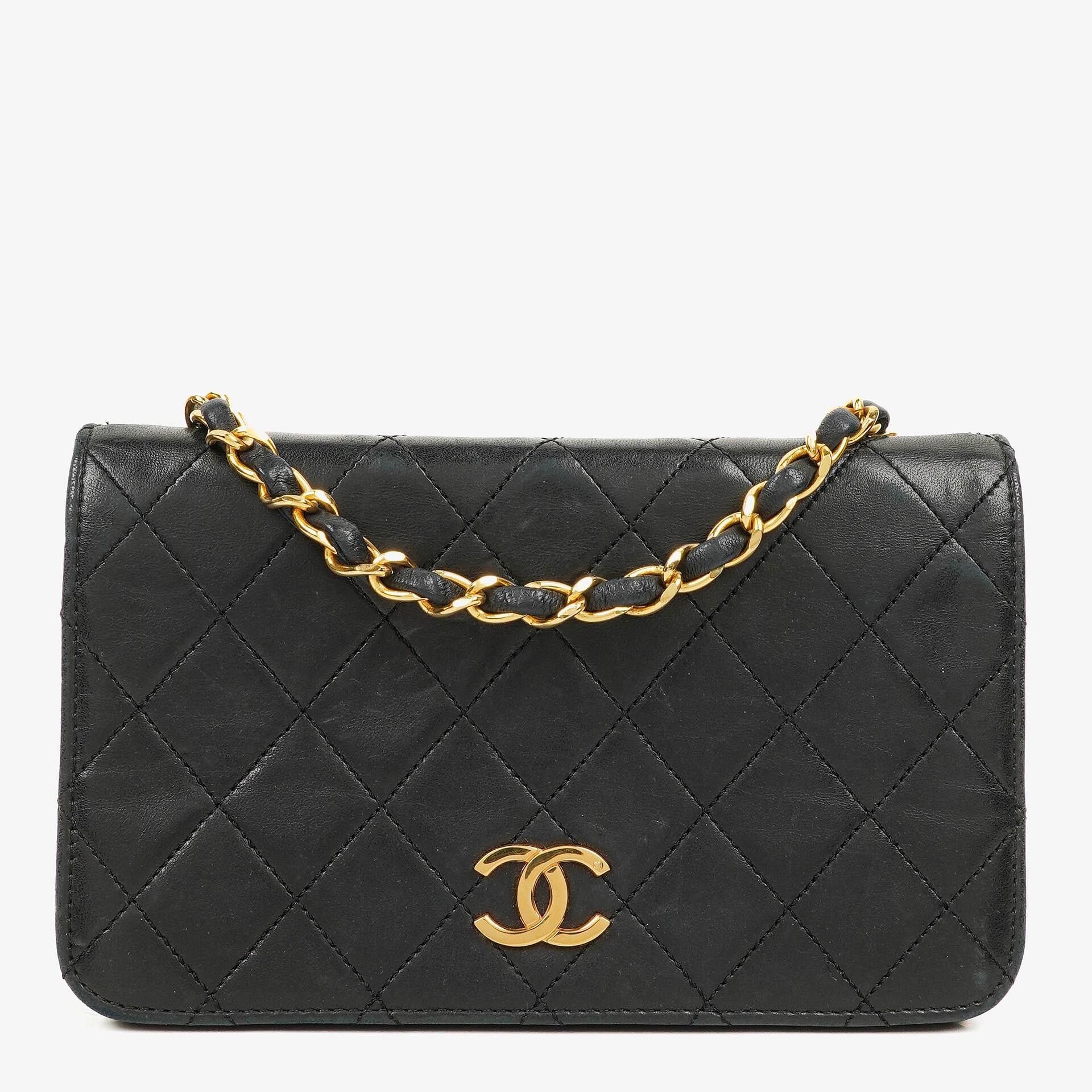 Chanel Mini Classic Full Flap Wallet on Chain WOC aus schwarzem gestepptem Lammleder mit 24K vergoldeter Hardware