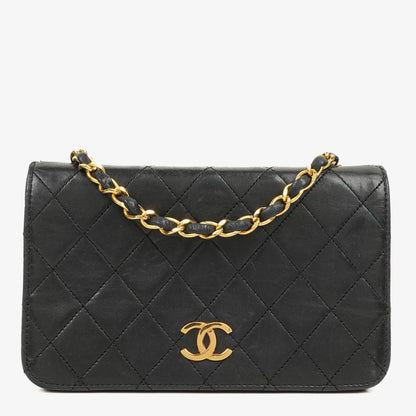 Chanel Mini Classic Full Flap Wallet on Chain WOC aus schwarzem gestepptem Lammleder mit 24K vergoldeter Hardware